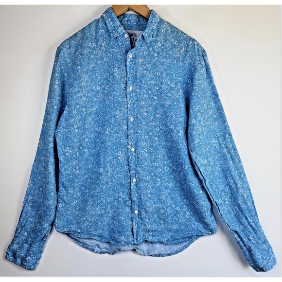 Frank and Eileen Linen Button Up Shirt Womens Small Blue Floral Long Sleeve - Picture 1 of 16
